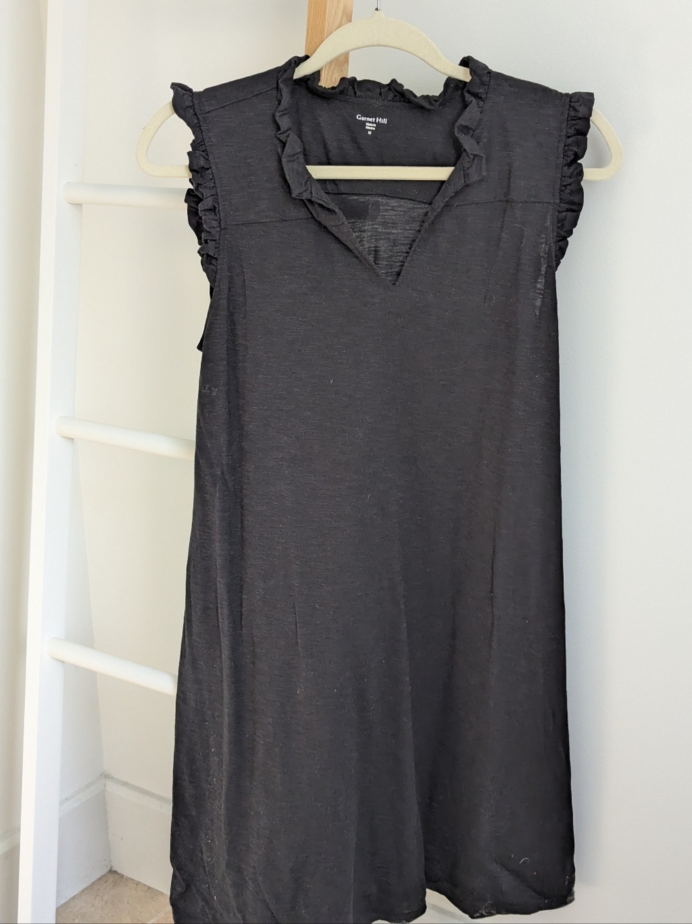 Garnet Hill Organic-Cotton & TENCEL Ruffle-Trim Knit Dress in Black, Medium